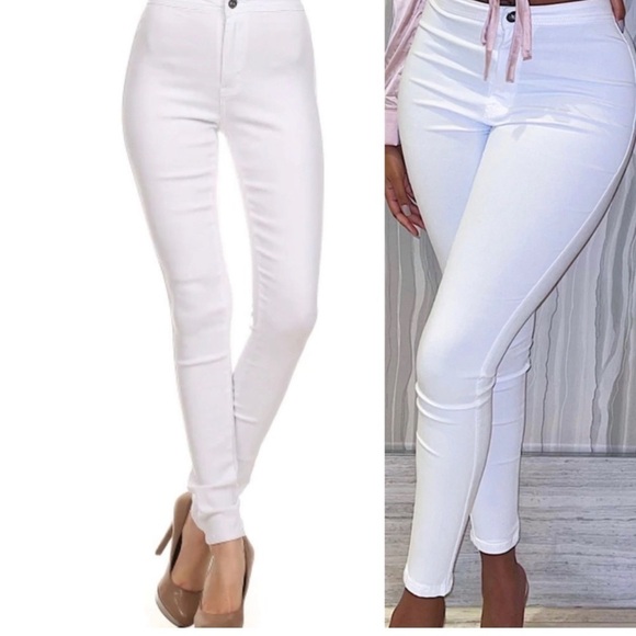 Denim - HIGH waist stretchy skinny jeans. White. Large